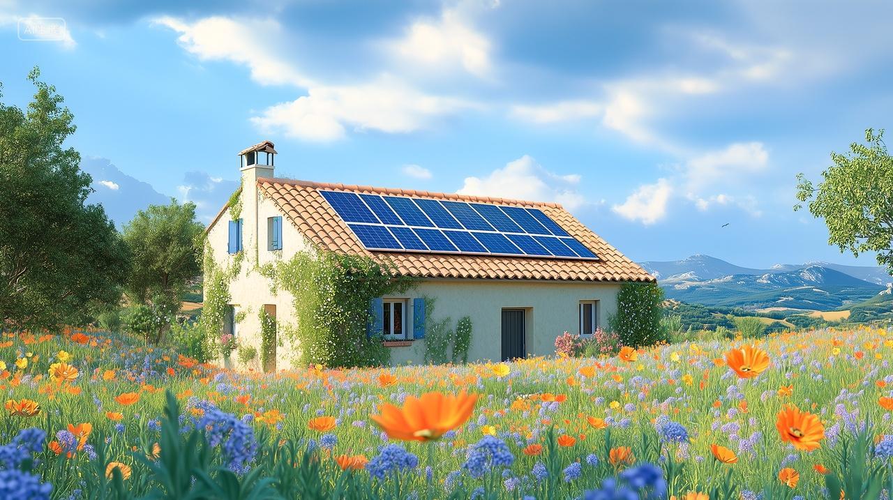 蓝天白云下花团锦簇乡村房屋屋顶光伏太阳能电池板