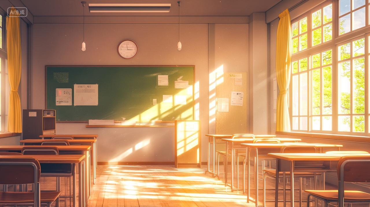 阳光透过窗户照在课桌上毕业季空教室