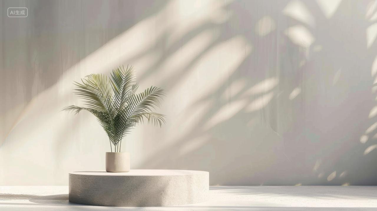3D简约场景圆形展台与阳光下的绿植盆栽