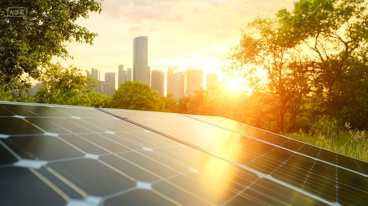 阳光照射在太阳能光伏电板碳中和能源