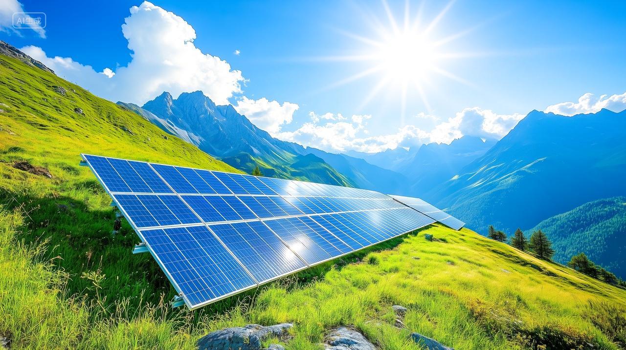 蓝天白云草地上的太阳能光伏电板