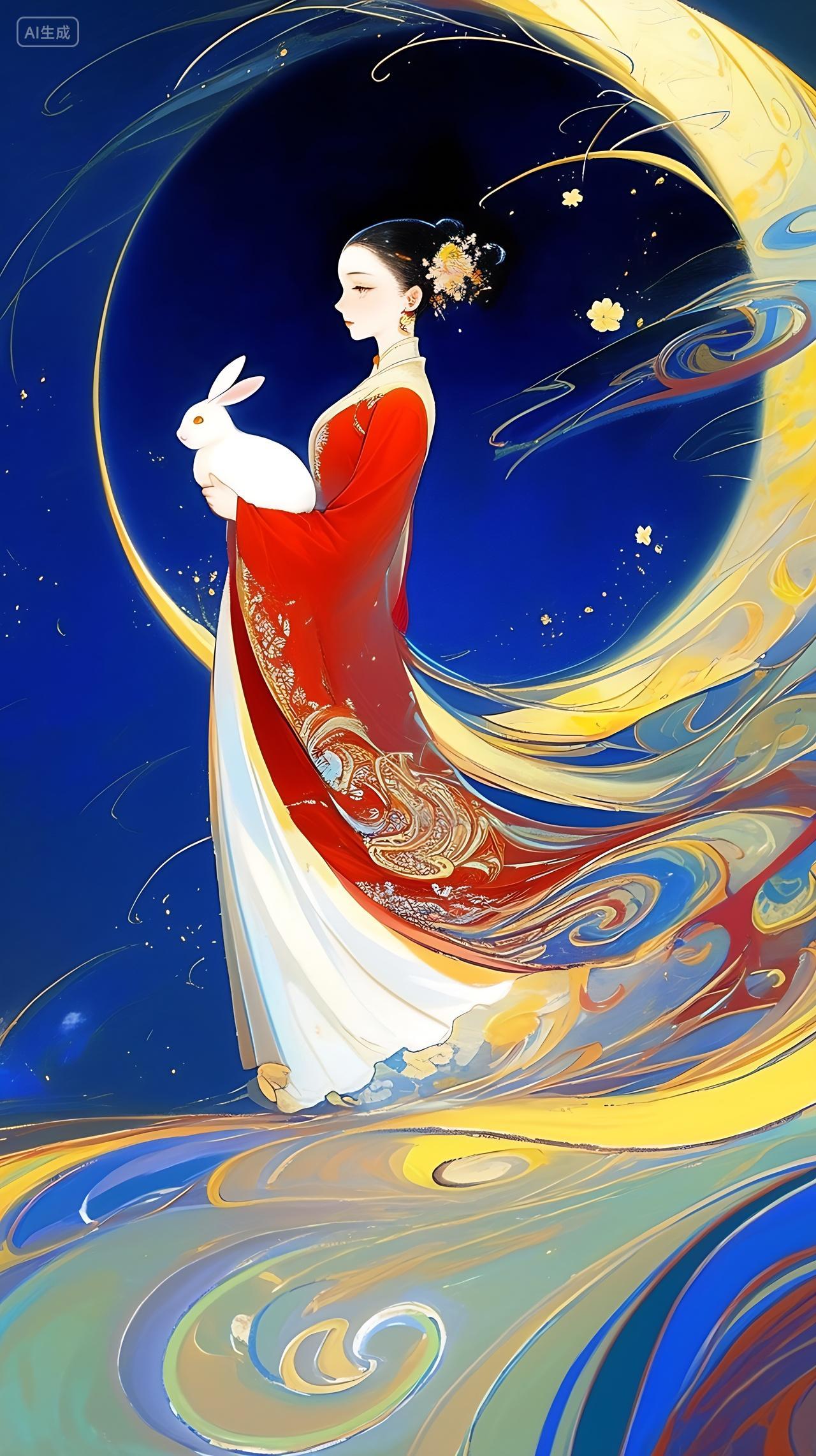 一位穿着汉服的美丽女人站在月亮上中秋节日图片背景