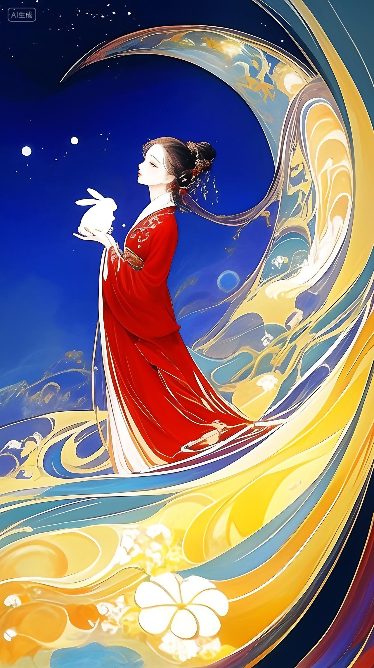 一位穿着汉服的美丽女人站在月亮上中秋节日