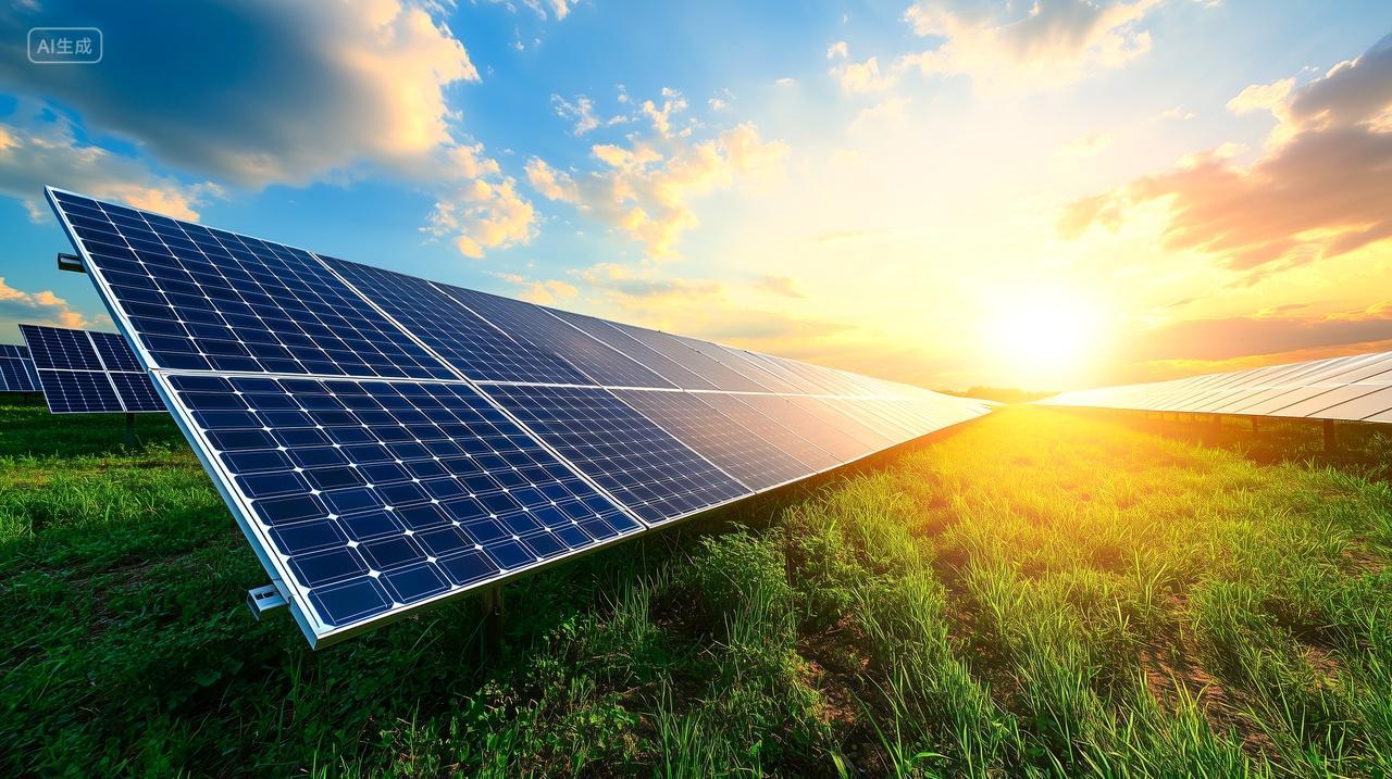 夕阳草地上的光伏太阳能电板绿色低碳