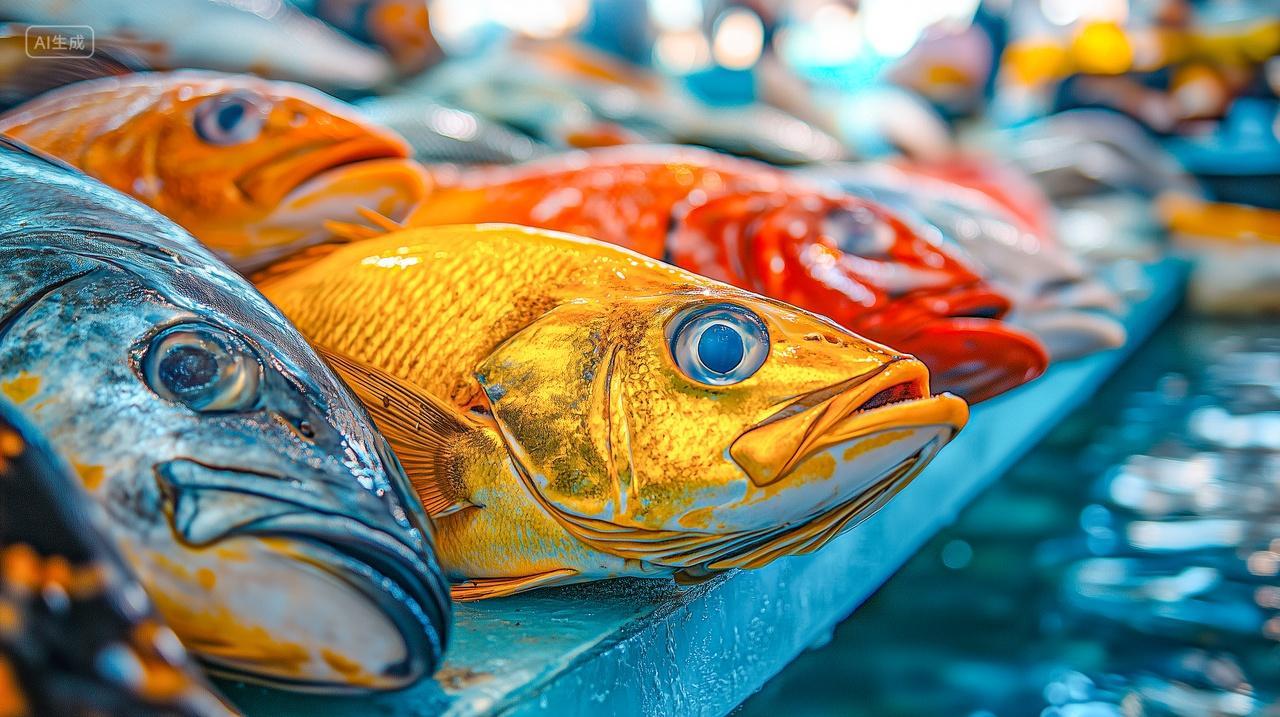 海鲜市场摊位上五颜六色的鱼