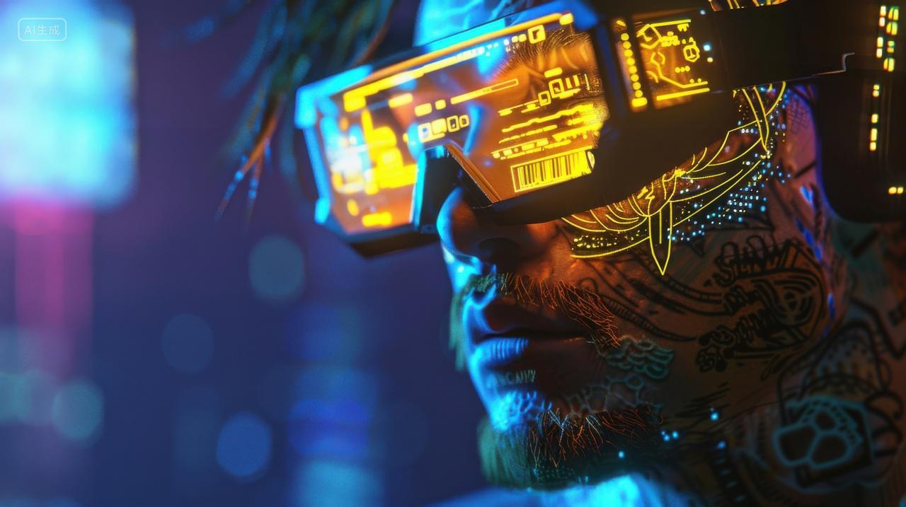 3D概念带着全息眼镜的虚拟人物