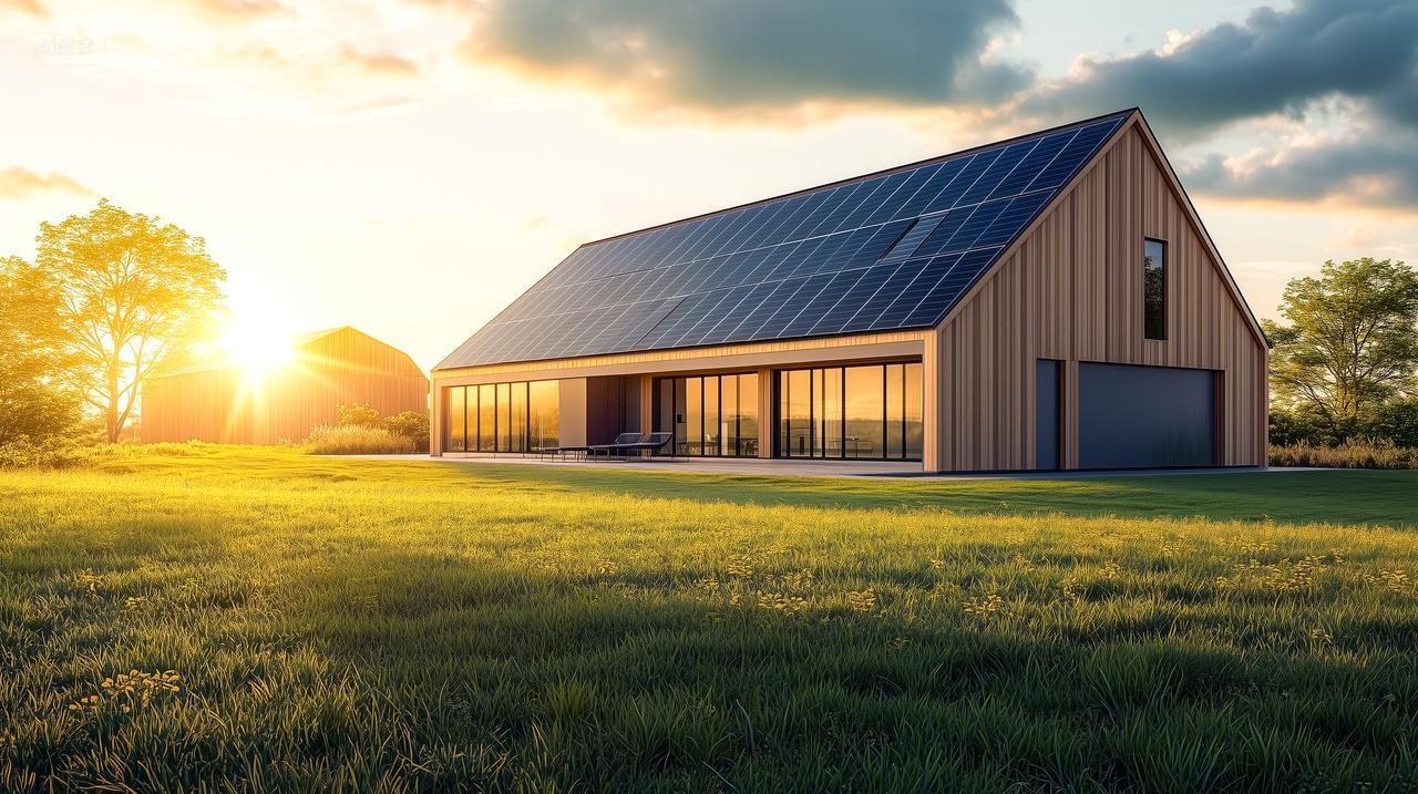 房顶上的太阳能光伏电板绿色低碳