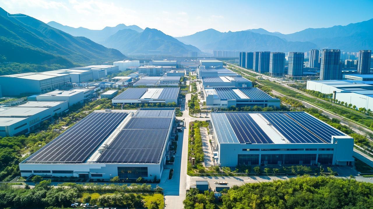 航拍屋顶上的光伏太阳能电板