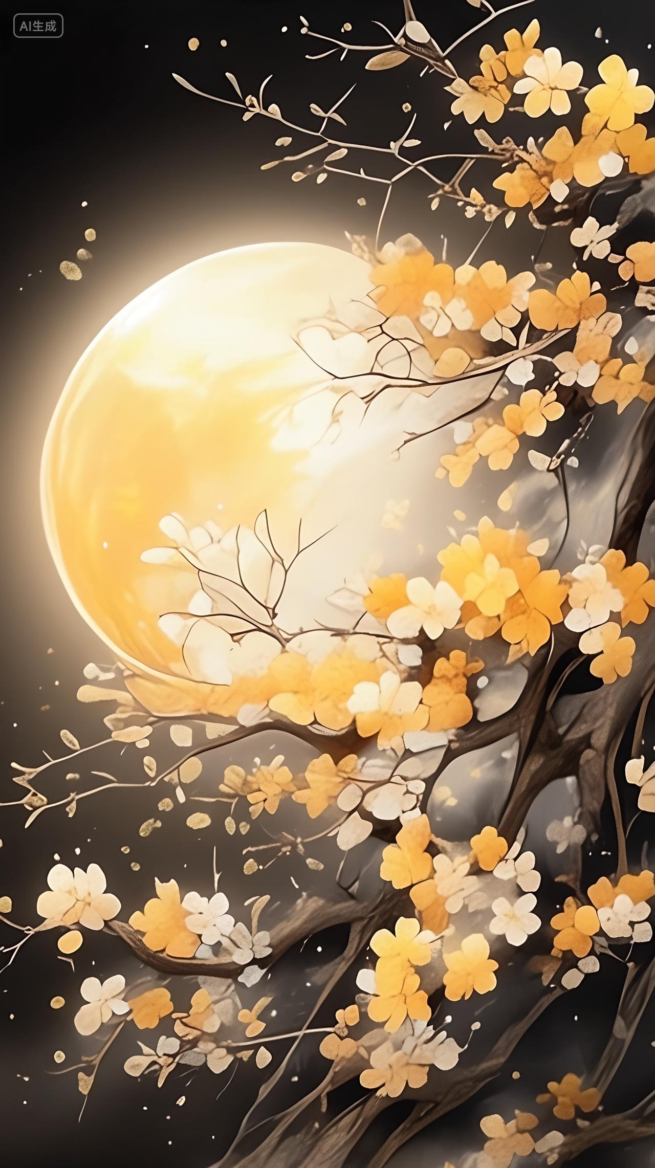 实拍风花盛开月亮照耀中秋节圆圆的月亮赏月