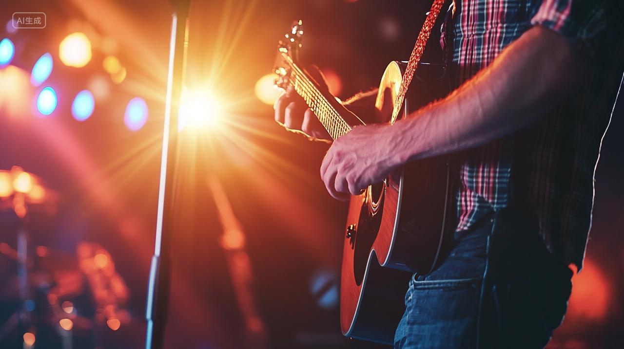 舞台上热烈灯光下的吉他演奏