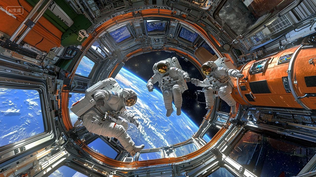 宇航员在空间站中零重力漂浮