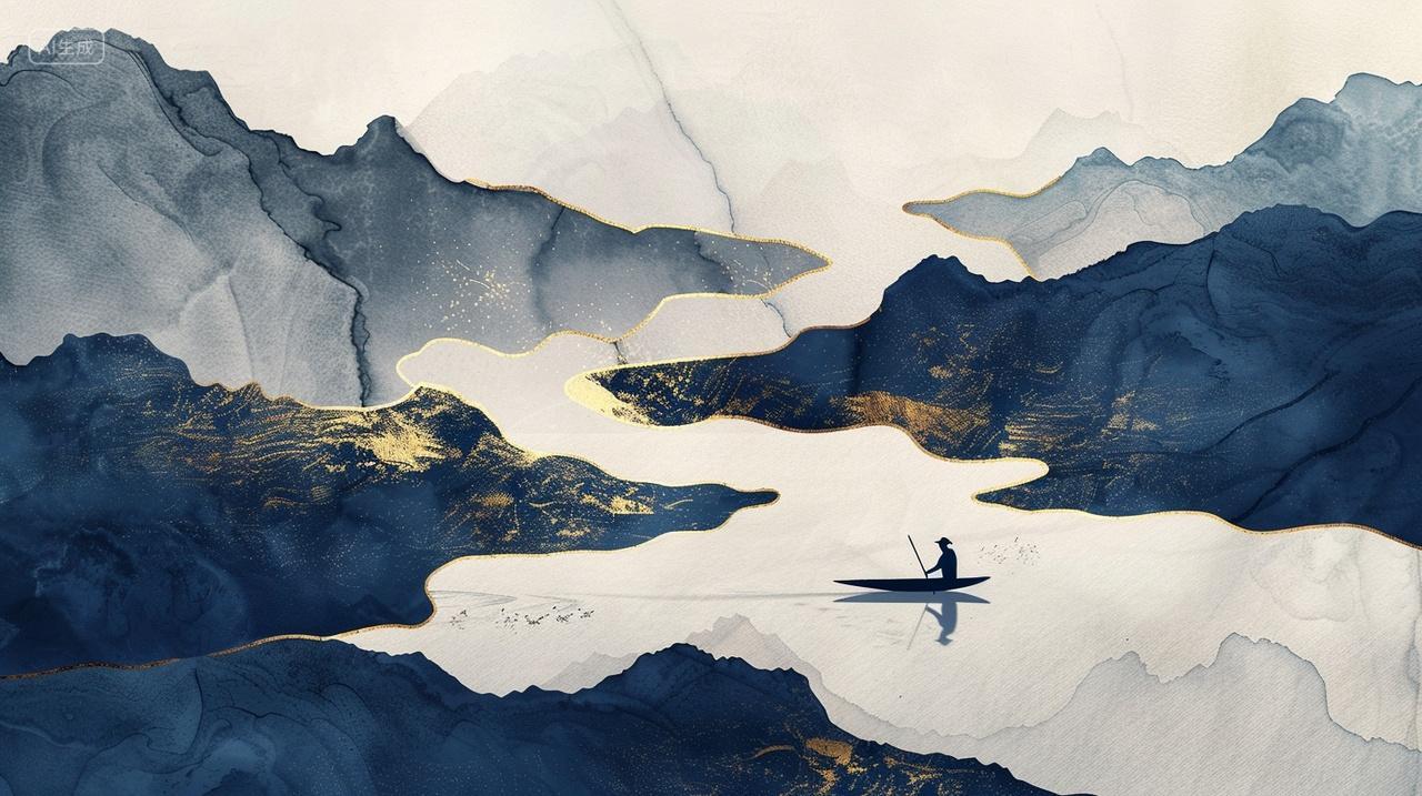 人划船水墨鎏金宁静美丽秋季秋分立秋秋天古风渐变素材插画