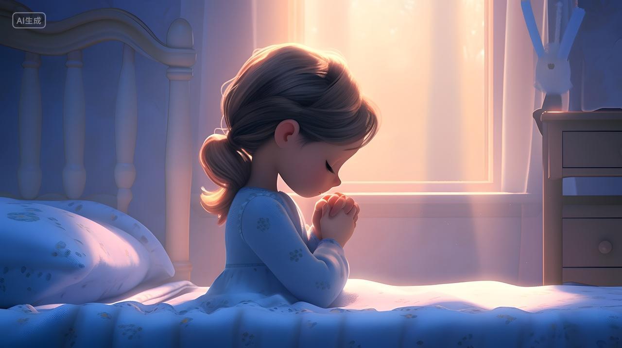 女孩在床上祈祷的温馨时刻