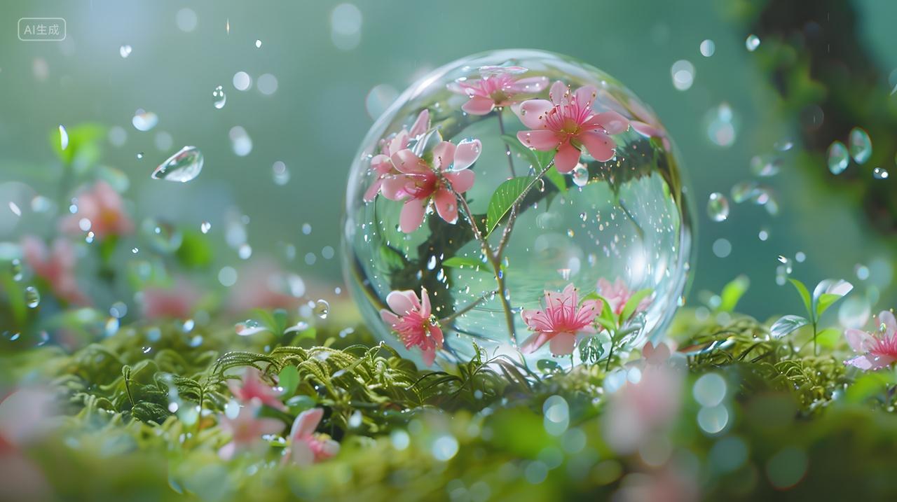 玻璃球中的春日花园风景景观
