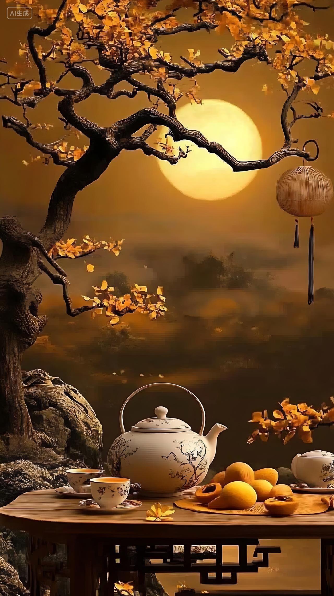 实拍风格中秋节快乐中秋节月亮赏月茶壶实景背景