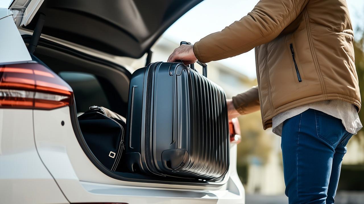 手拿行李箱放在汽车后备箱旅游宣传
