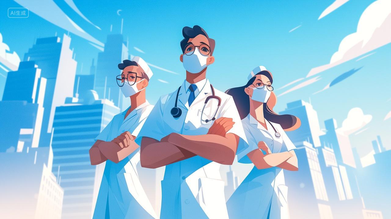 卡通站在高楼大厦前的医护人员医院宣传