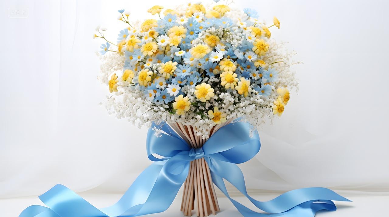 蓝色缎带束缚的黄蓝花束背景图