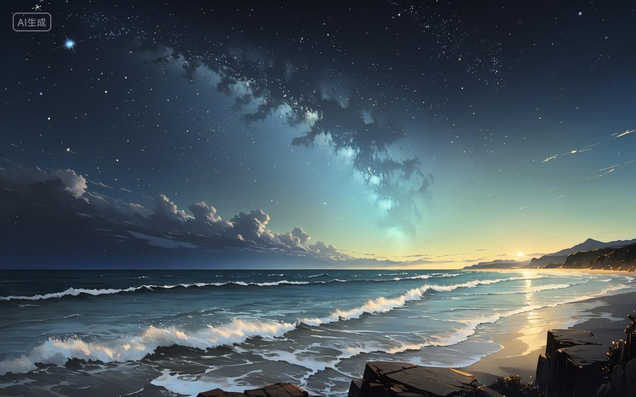 夜晚天空映衬着大海的美丽景色插画壁纸