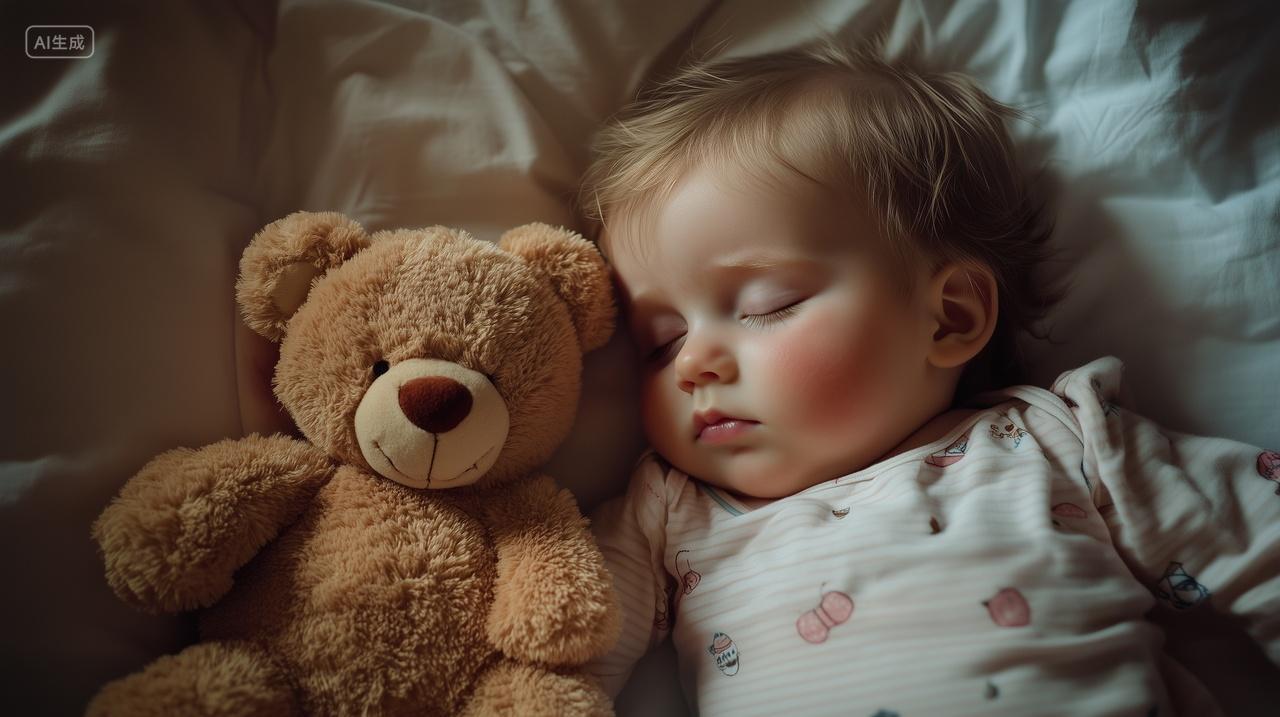 婴儿抱着玩偶小熊一起睡觉婴儿用品