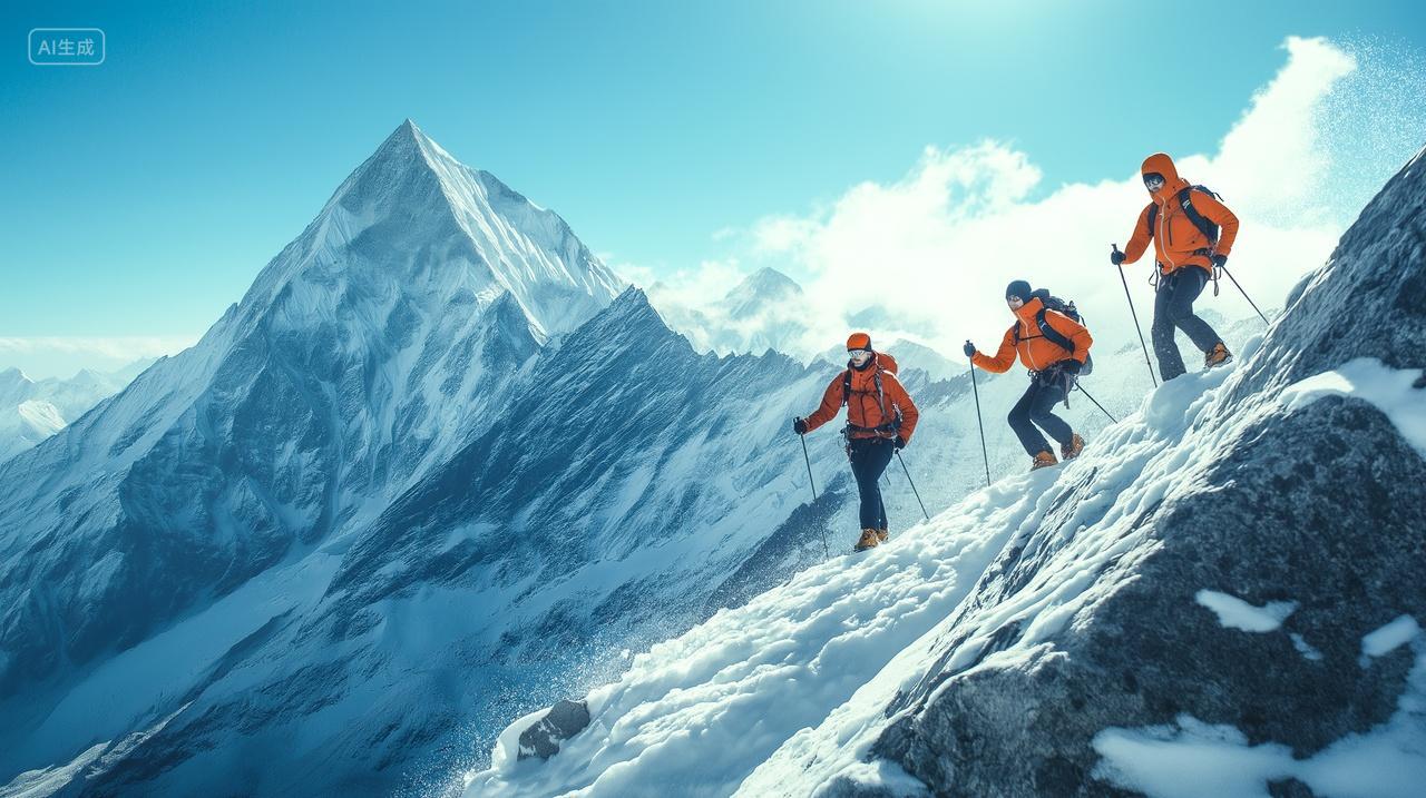 雪山上的登山者企业攀登上升登顶团队合作