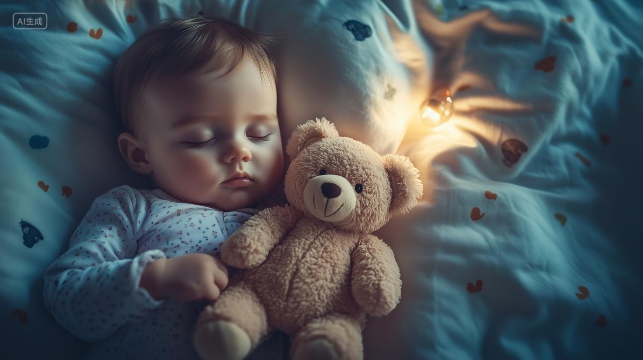 一个可爱婴儿抱着玩偶睡觉婴儿用品