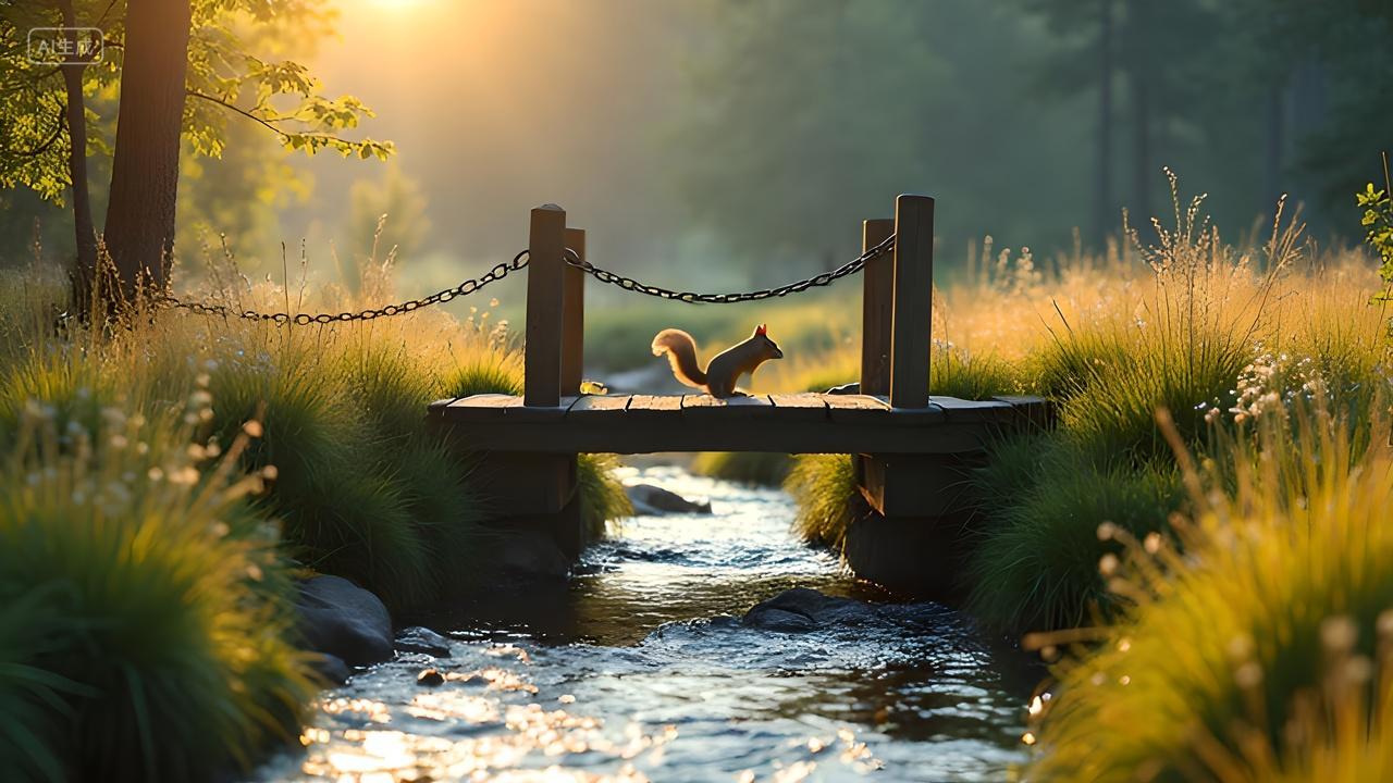 一只可爱的小松鼠在桥上笨笨跳跳生机勃勃风景摄影