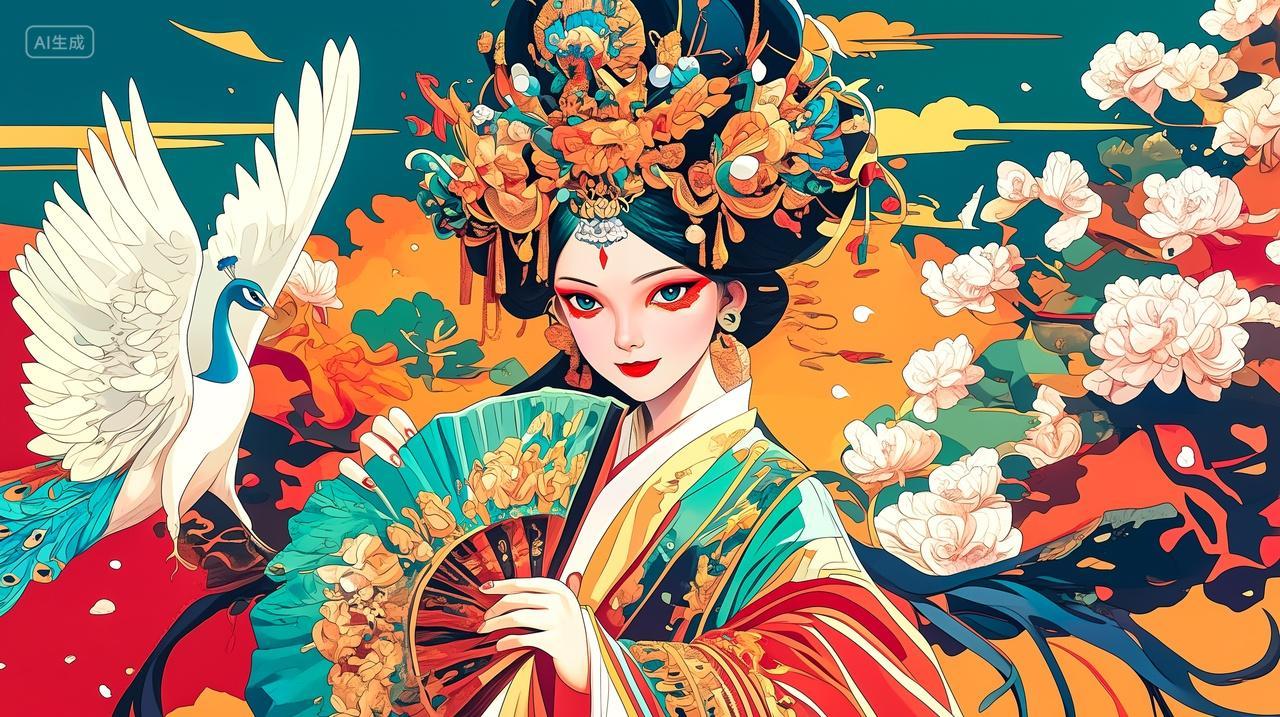 国潮古风插画美女手拿扇子仙鹤国潮背景