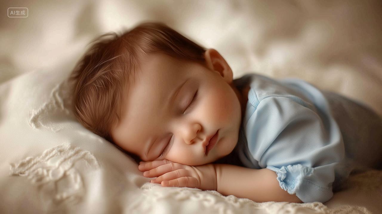 一个趴在床上熟睡的婴儿婴儿用品宣传背景