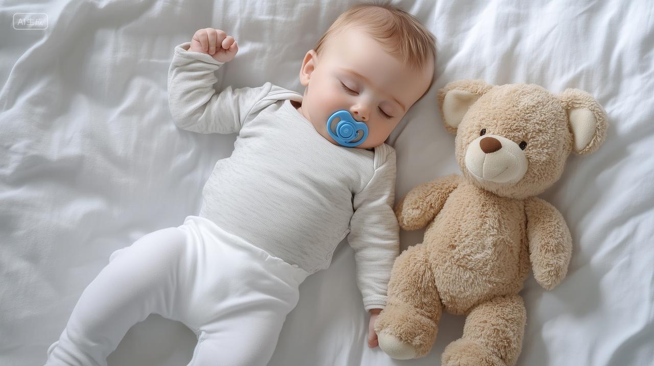 一个正在睡觉的婴儿吮吸奶嘴的特写镜头