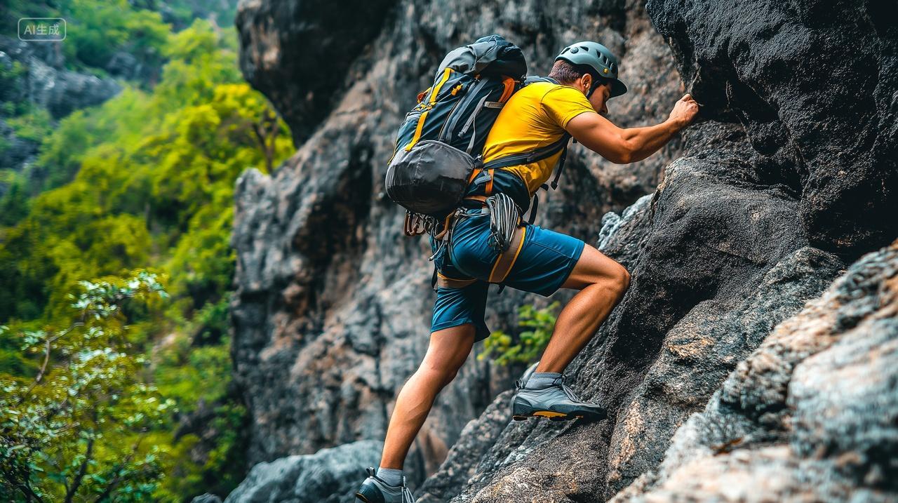 背包客户外登山探险攀爬山顶登山者
