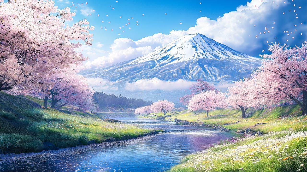 日本富士山樱花雪山河流自然风景旅行宣传