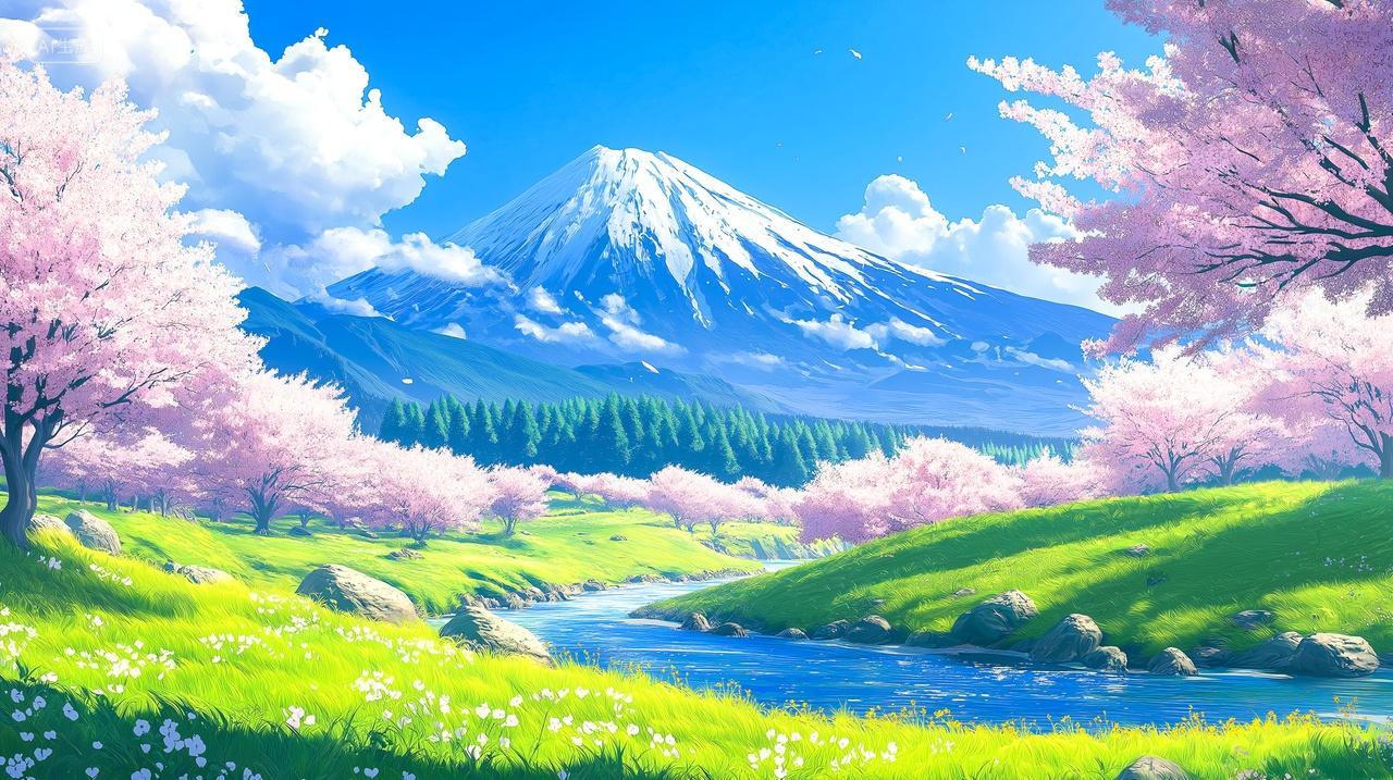 春天日本富士山樱花雪山旅行宣传电脑壁纸