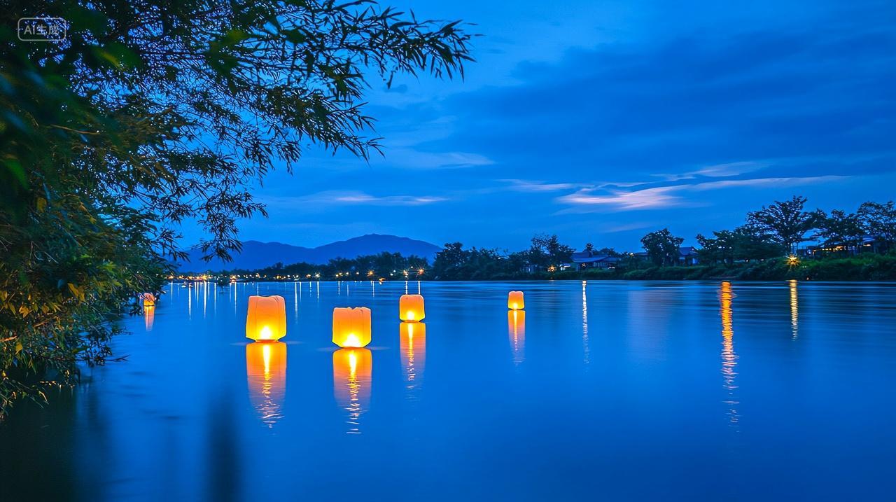中元节处暑河灯与光影的无声思念背景