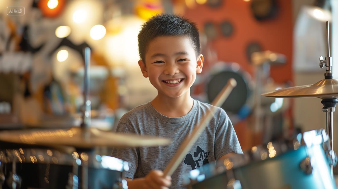 微笑的小男孩学习架子鼓乐器培训