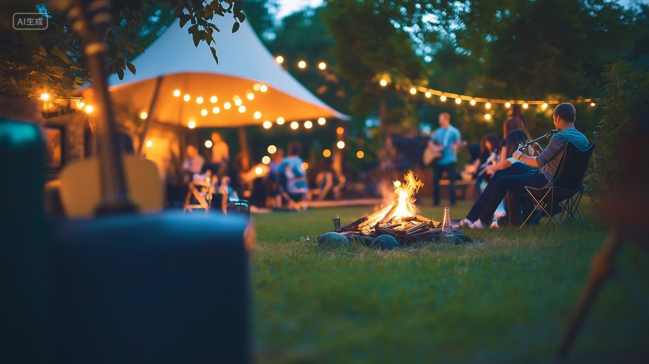 一群人户外派对夜晚篝火周末聚会