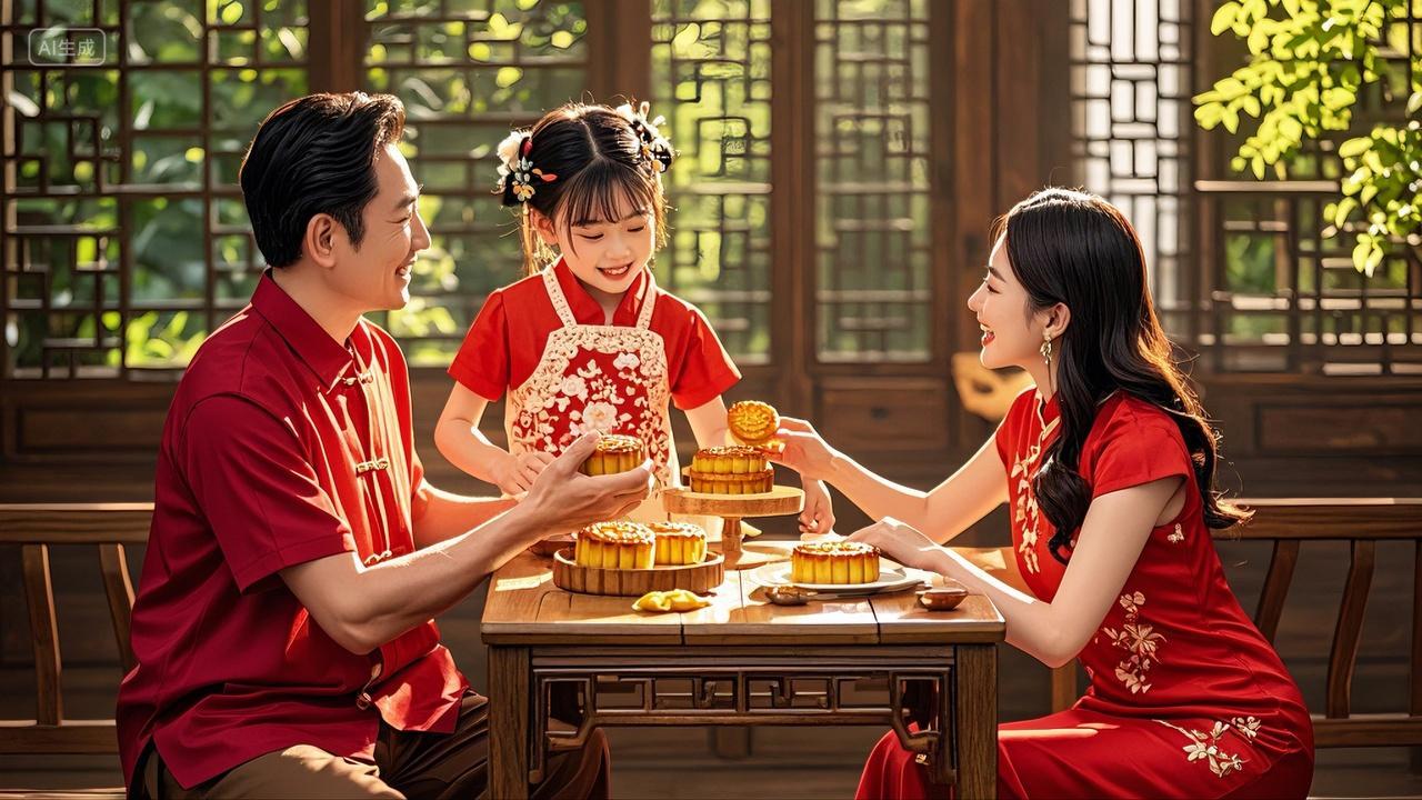 一家三口吃月饼圆团聚八月十五中秋节