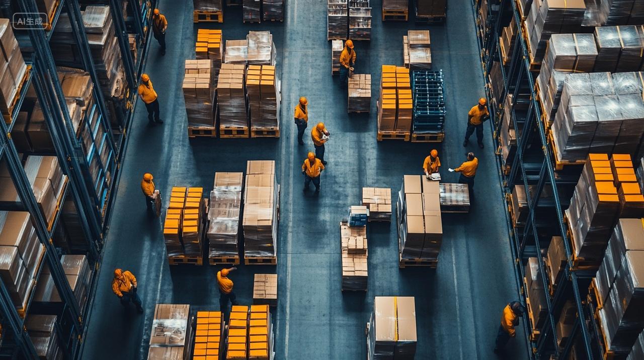 物流仓库的工作场景俯视图