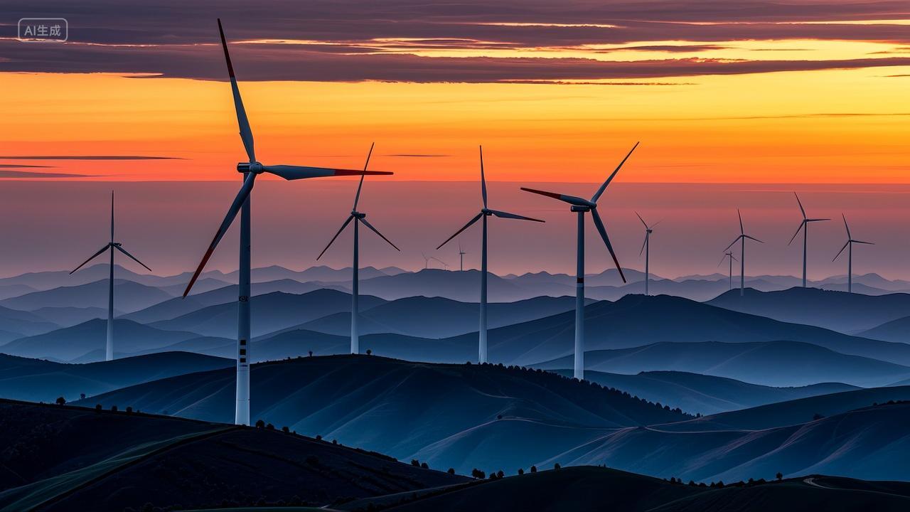 傍晚风车群山落日余辉新能源风力发电