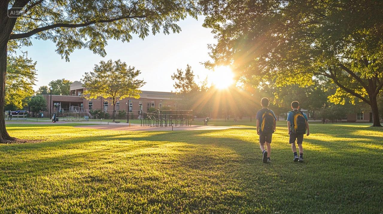 迎着晨光上学的小学生校园开学季