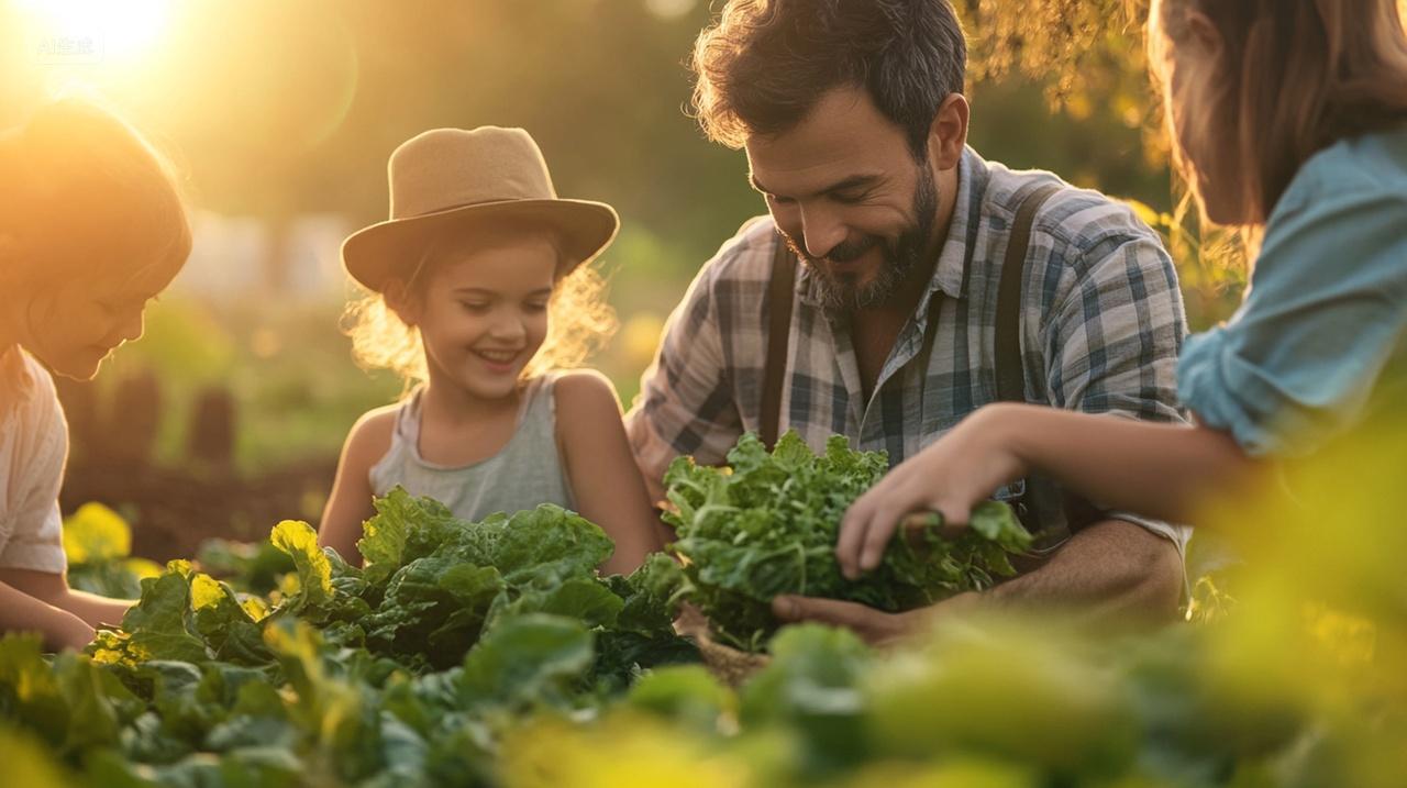 家庭一起在农场收割蔬菜