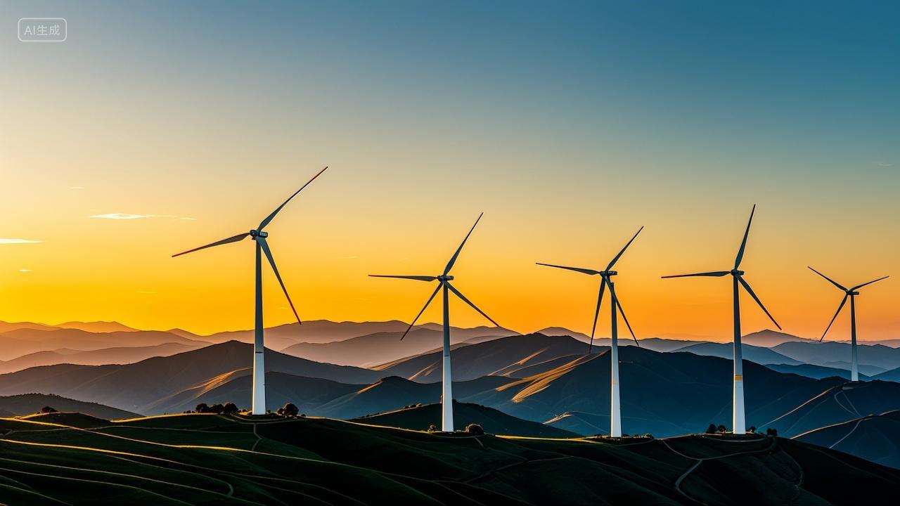 傍晚风车群山峰落日余辉新能源风力发电