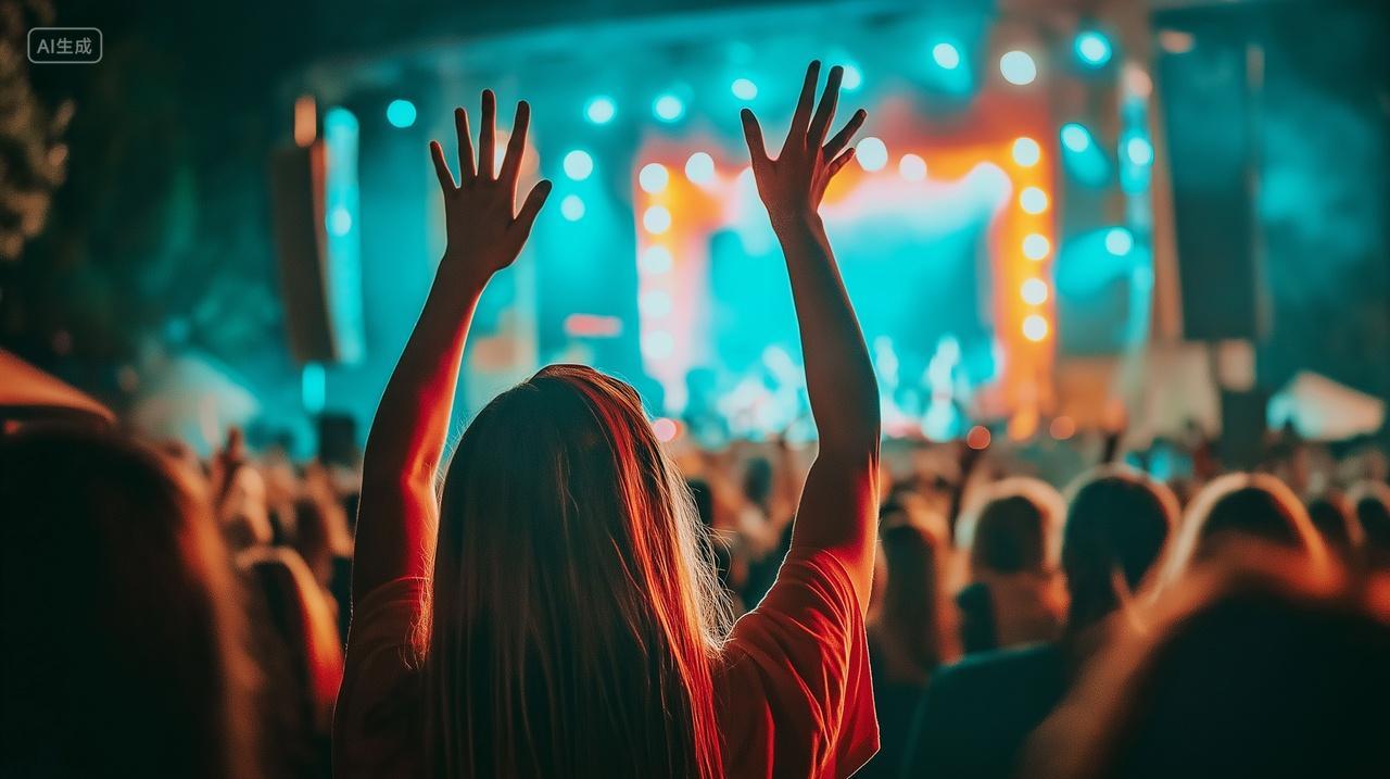 大型演唱会现场观众舞动欢呼背影