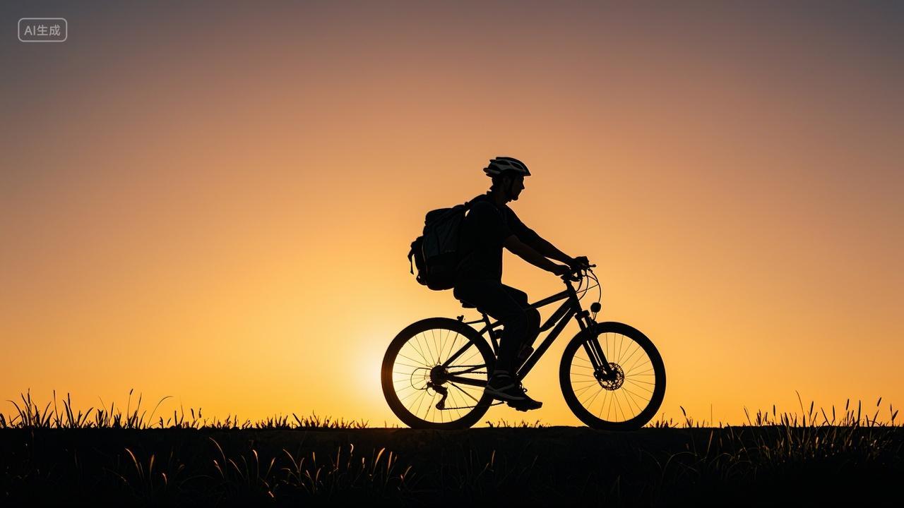 傍晚户外骑自行车人物剪影户外运动