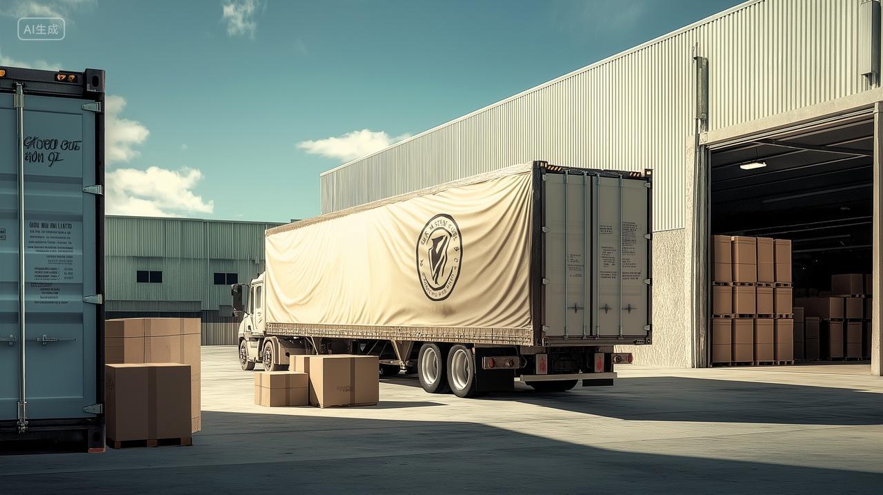 仓库门口的大货车装卸货物物流运输