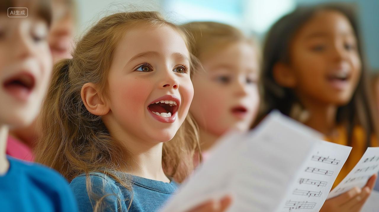外国小孩手拿音谱学习唱歌音乐