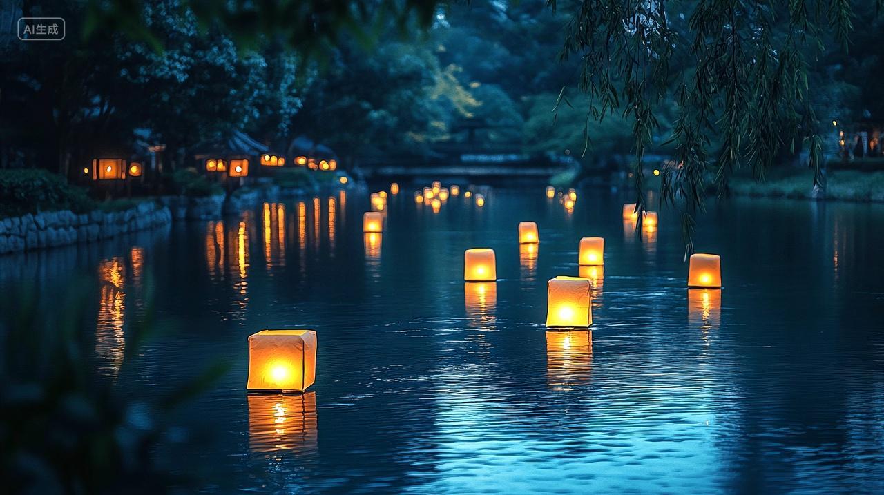 中元节处暑河灯与光影的无声思念背景