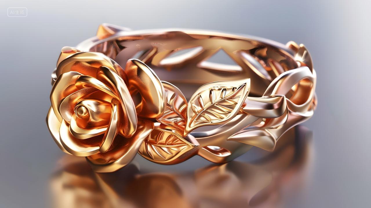 玫瑰花形镶嵌金戒指首饰饰品