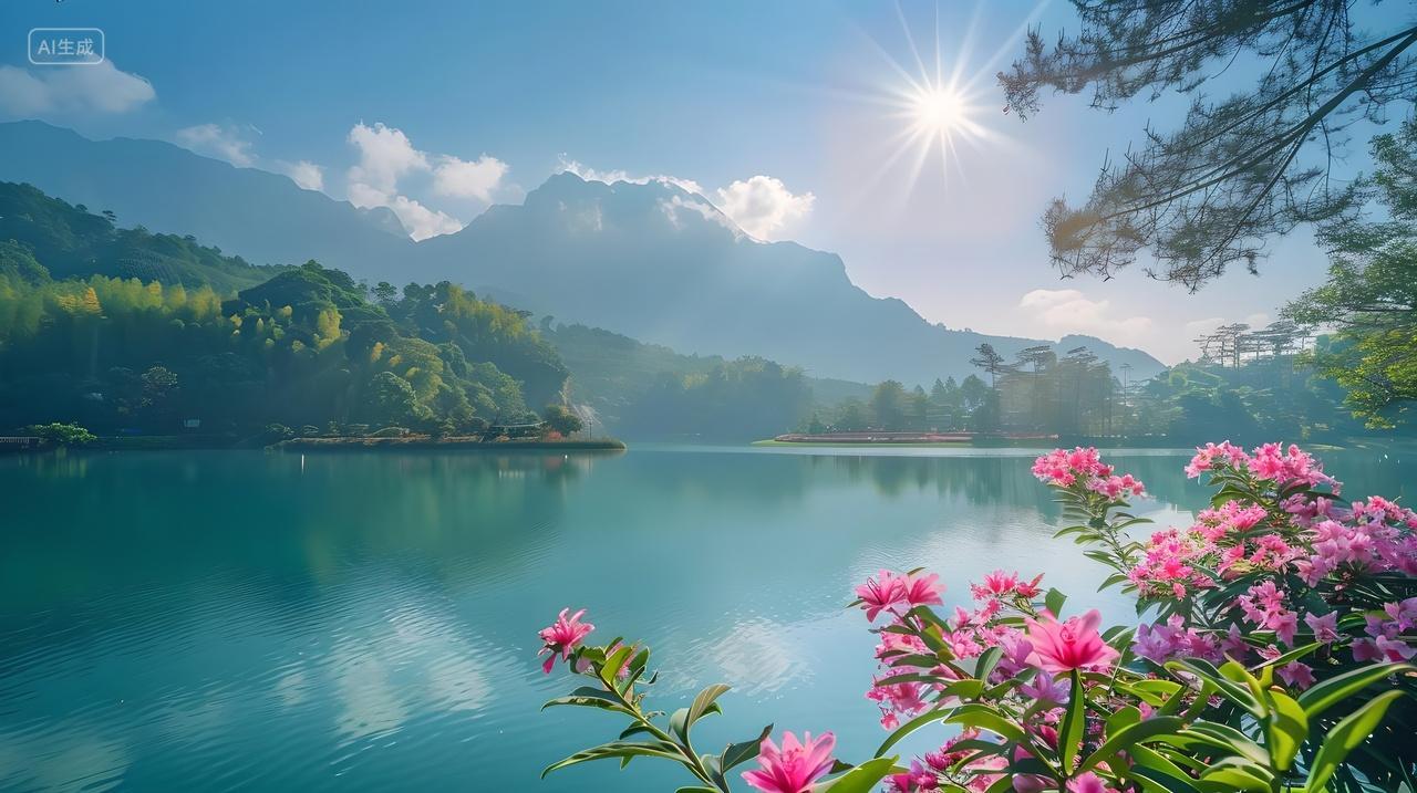 清晨万物复苏阳光湖面行云流水高山树木自然风景
