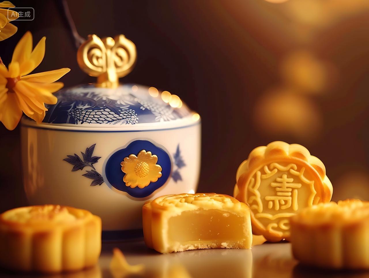 中秋礼盒月饼青花瓷月饼礼盒中秋节日素材